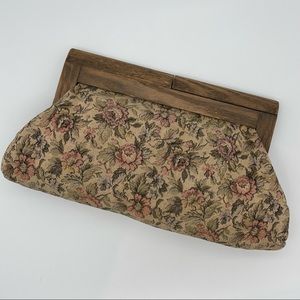 Vintage Tapestry Clutch with Wood Handle Detail